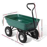 Side view of green garden dump cart showing reinforced metal sides and D-shaped handle