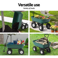 Green dump cart loaded with garden soil and plants, showing capacity and load handling