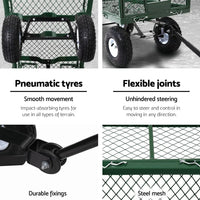 Mesh garden cart in green with handles and towing hitch attachment.