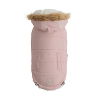 Pink dog parka with faux fur trimmed hood and sherpa lining, displayed on a mannequin.