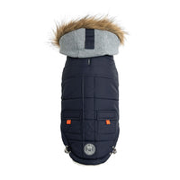 Navy Winter Sailor Parka displayed on a dog mannequin showing vegan fur-trimmed fleece hood and Sherpa lining.
