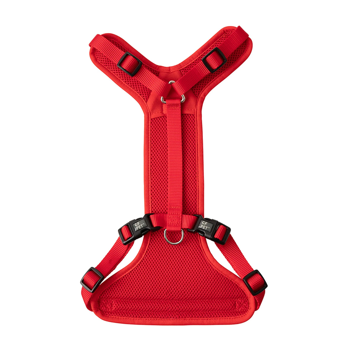 Red GF PET travel harness laid flat showing reflective details and back loop with d-ring.