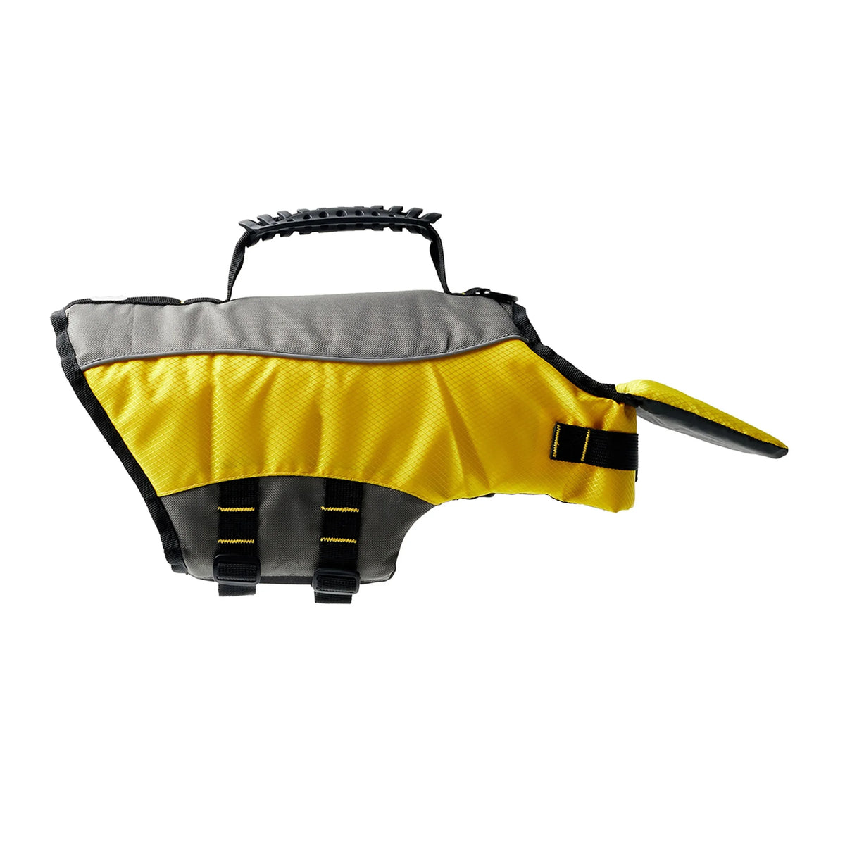 Bright yellow dog life vest with reflective details on a white background