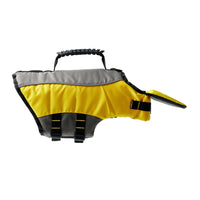 Bright yellow dog life vest with reflective details on a white background