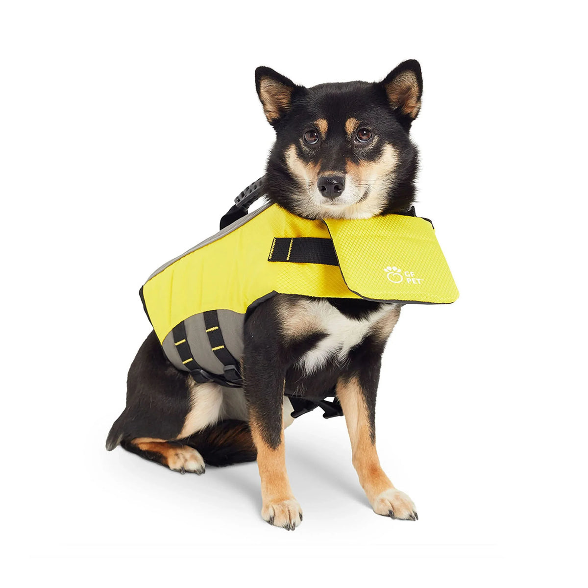 Back view of bright yellow dog life vest displaying sturdy handle and D-ring for leash attachment.