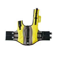 Close-up of the adjustable neck and reflective strap on yellow dog life jacket