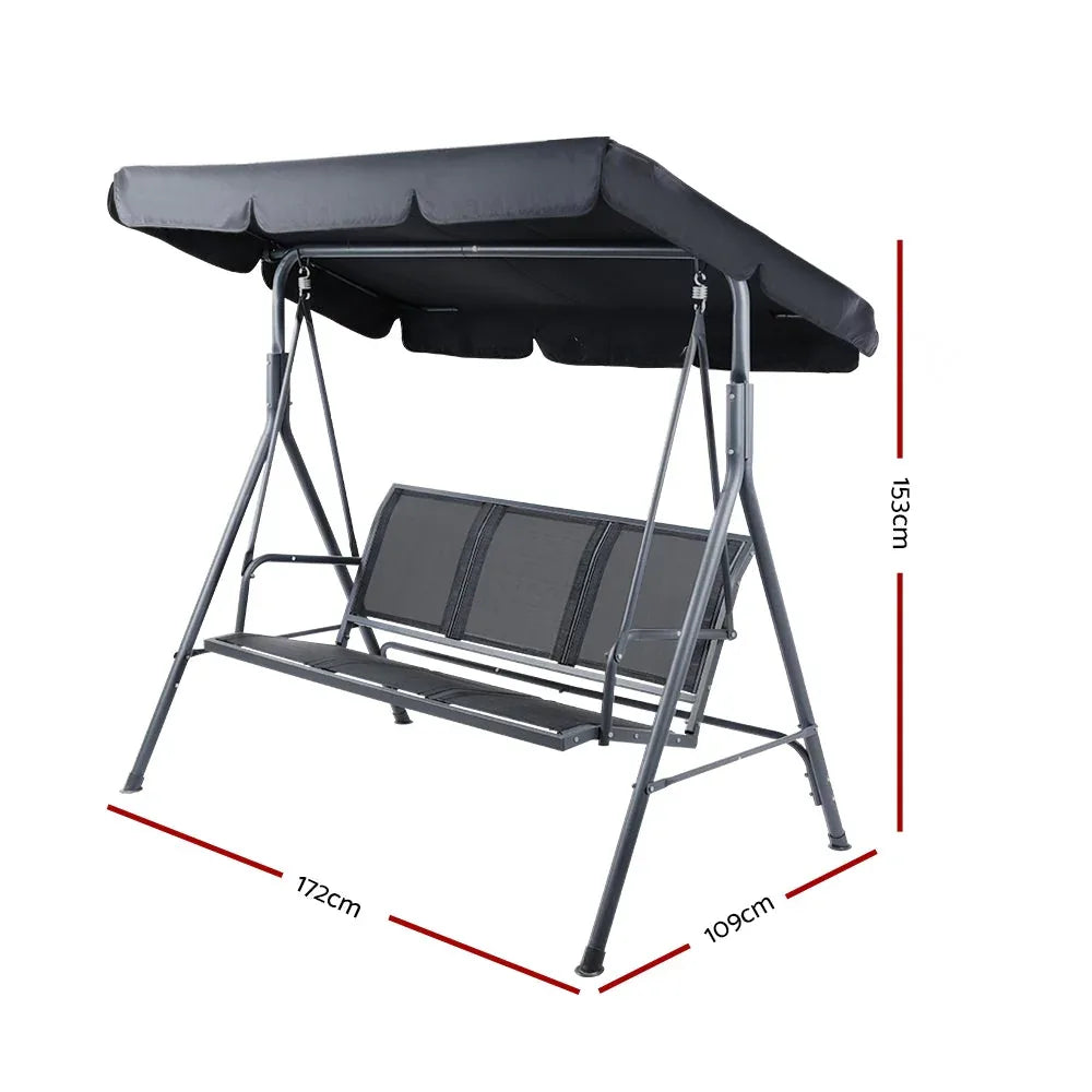 Close-up of padded seat and sturdy steel frame of the outdoor hanging swing chair