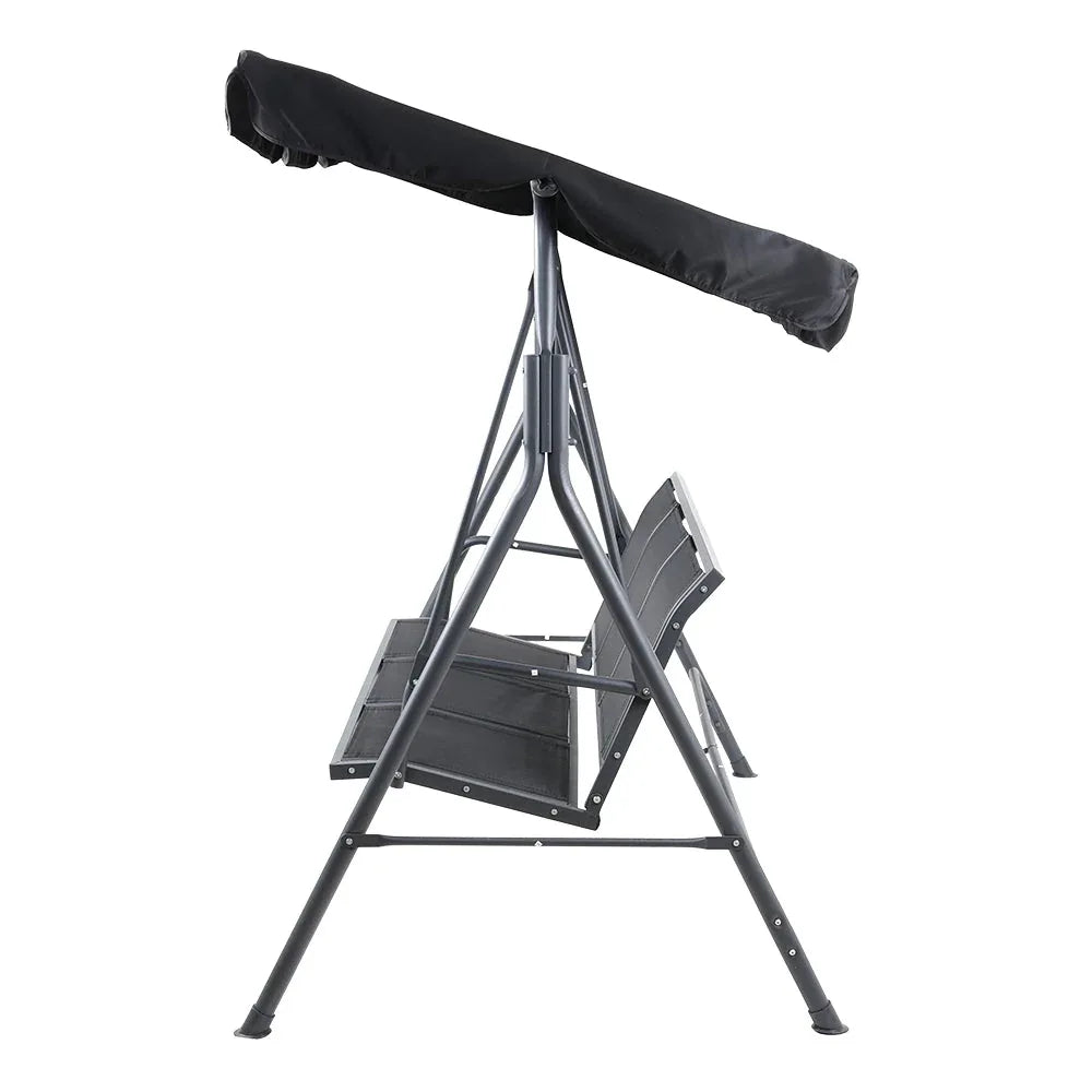 Side view of outdoor hanging hammock chair with weather-resistant fabric and canopy