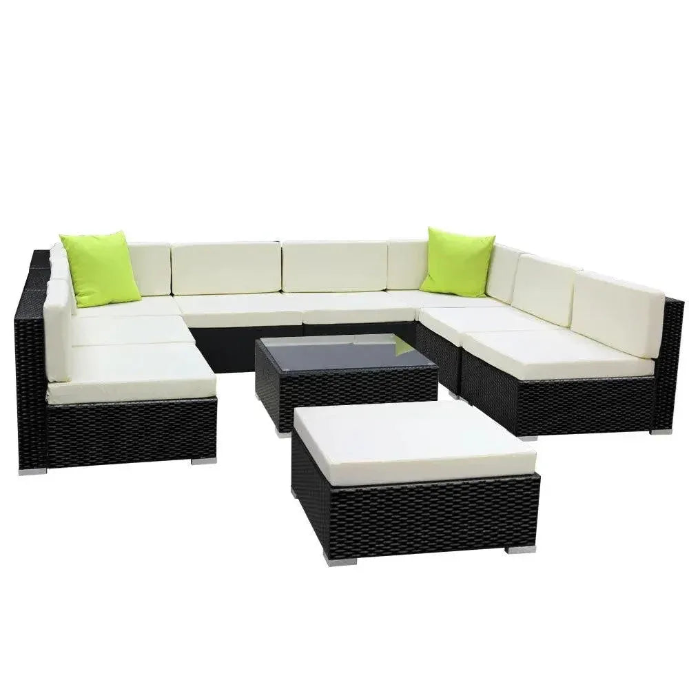 Gardeon 10-piece outdoor wicker sofa set on patio with cushions and glass-top table