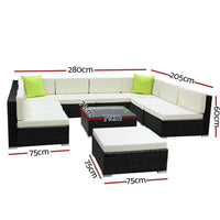 Side view of Gardeon outdoor sofa set showing woven wicker and padded seats