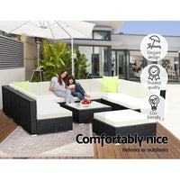 Outdoor wicker sectional sofa set with plush cushions arranged for seating