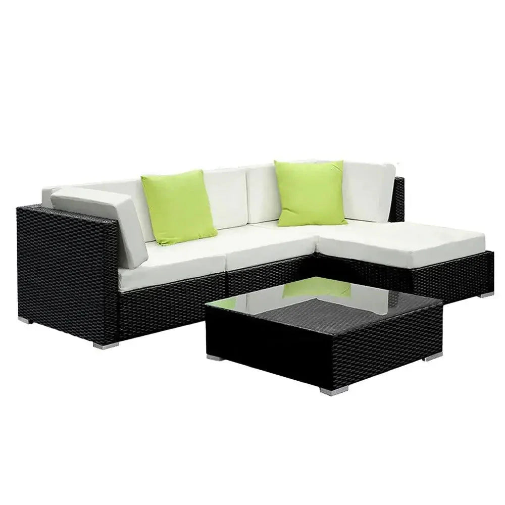 Gardeon 5-piece outdoor wicker sofa set with cushions and a storage cover displayed on a patio.