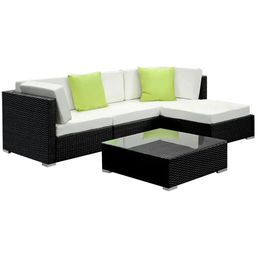 Gardeon outdoor sofa set arranged on wood deck showing cushioned seats and matching wicker design.