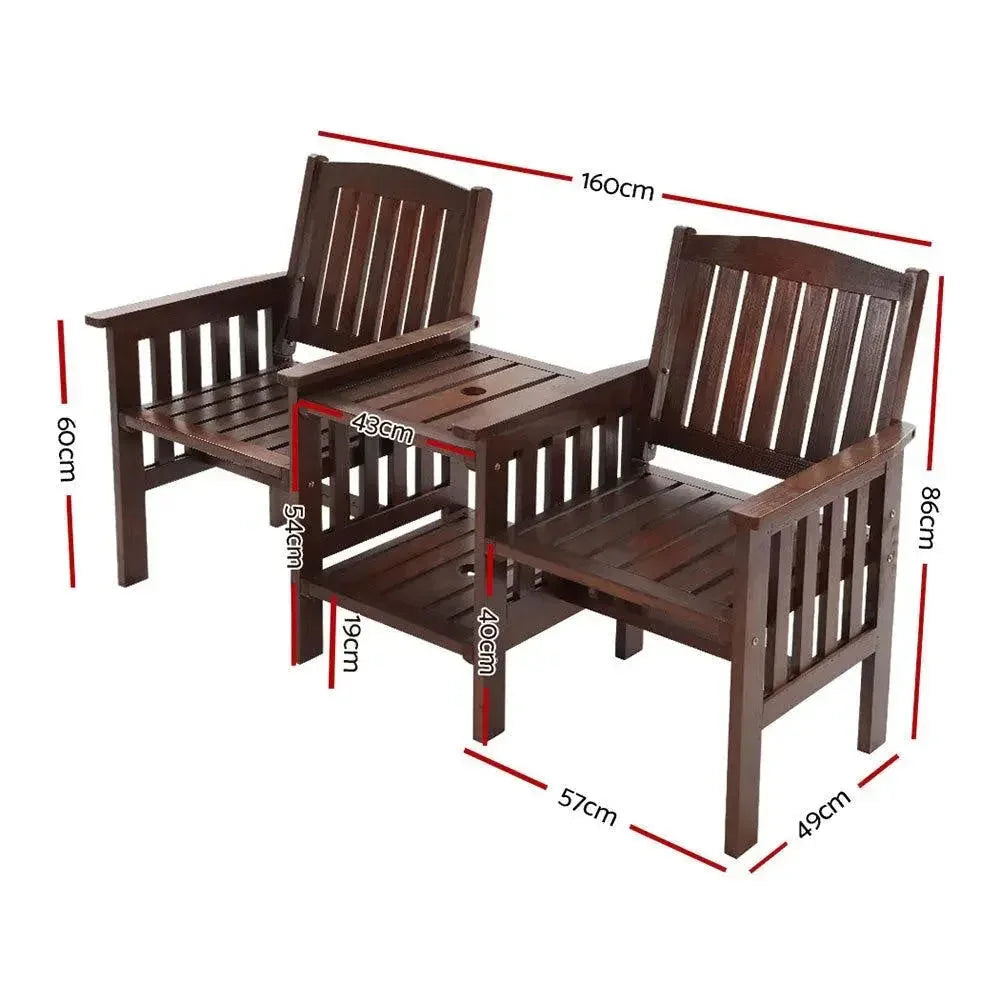 Close-up of rustic natural fir wood garden loveseat showing armrests and table details.