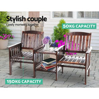 Front view of wooden garden bench loveseat featuring two seats and double-deck table.