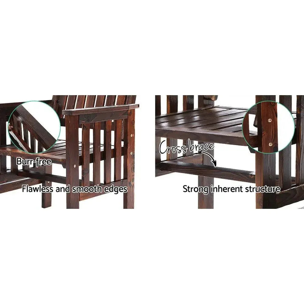 Side angle of handcrafted wooden outdoor loveseat with charcoal brown finish and integrated table.