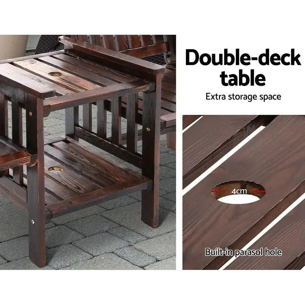 Rustic garden loveseat seating two people with adjoining wooden table and armrest details.
