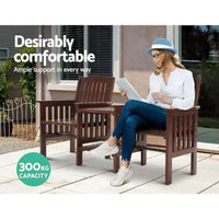 Outdoor garden bench loveseat showing craftsmanship of natural fir wood and sturdy construction.
