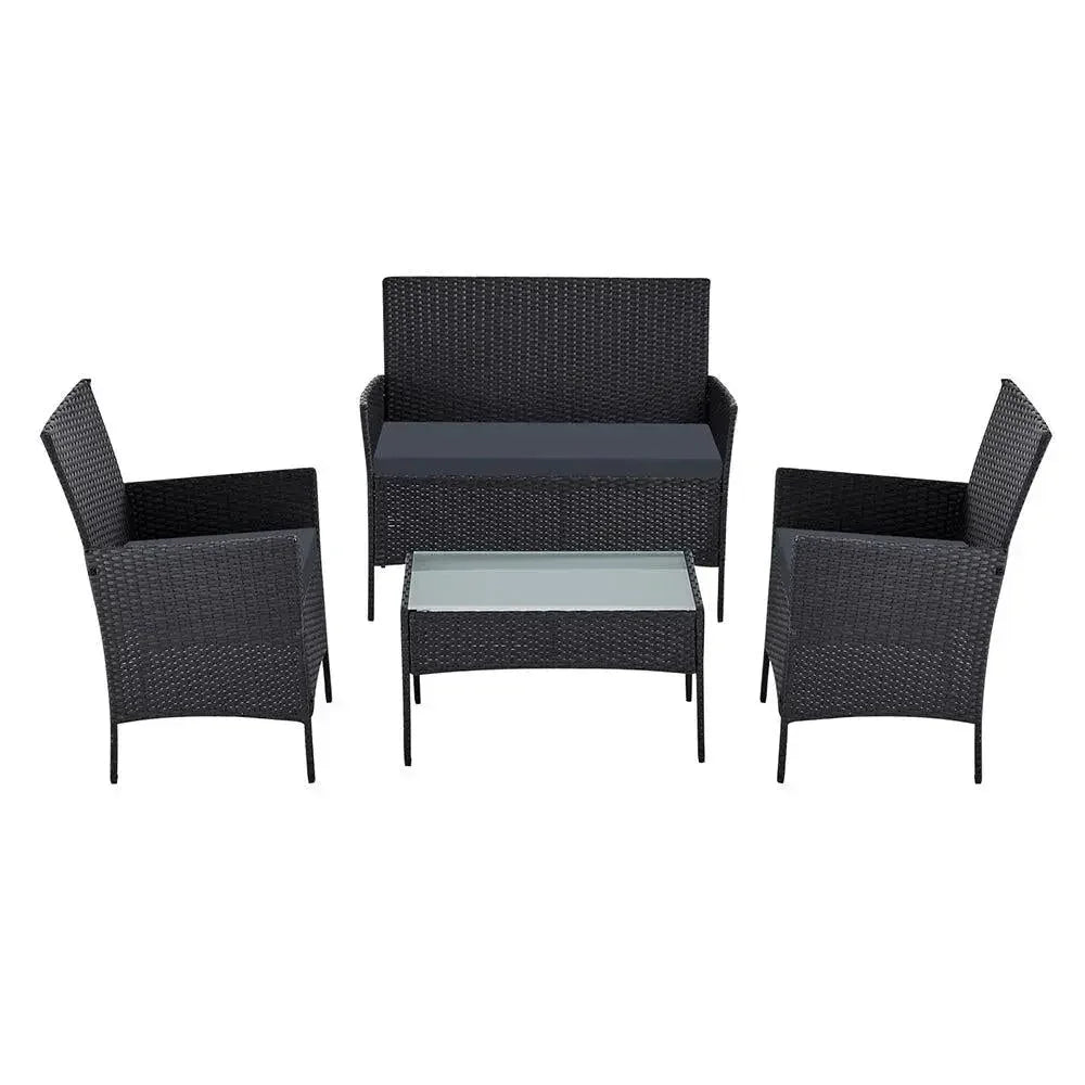 Black waterproof cover protecting Gardeon garden furniture outdoor wicker sofa set.