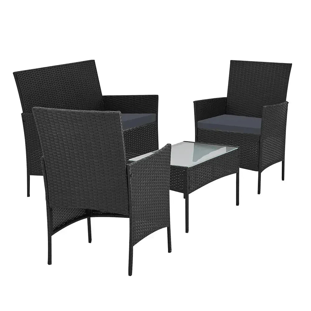 Durable black cover sheltering Gardeon 4-piece outdoor lounge wicker furniture set.