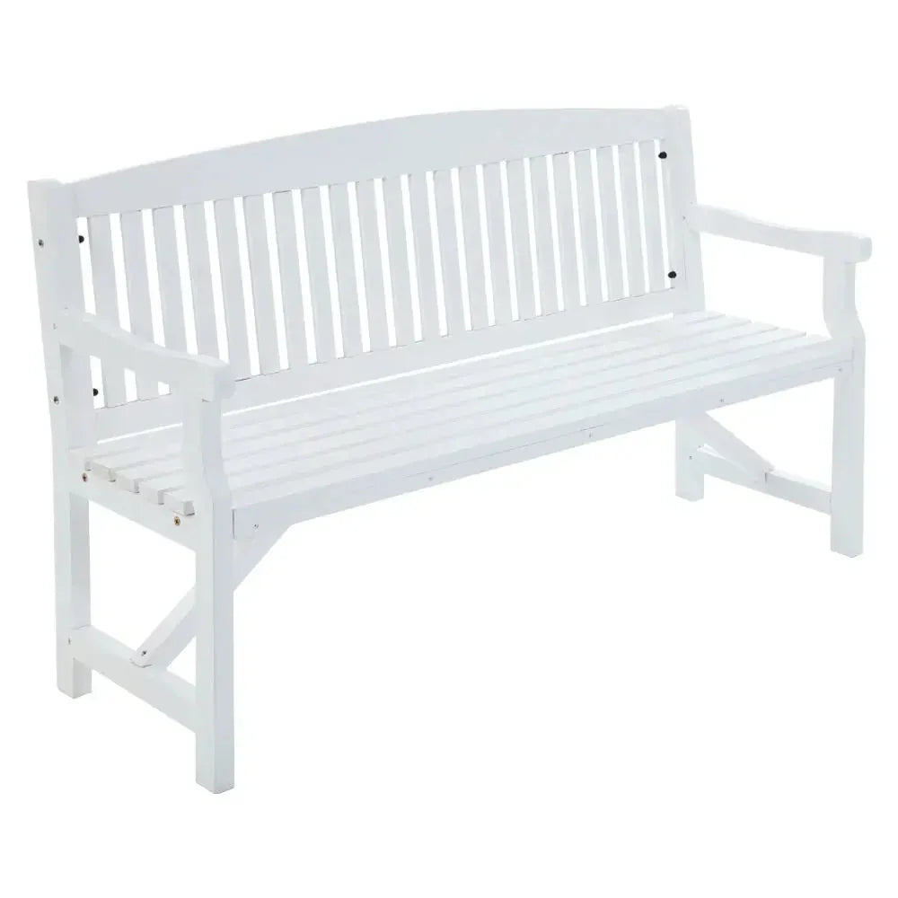 Three-seater Gardeon wooden garden bench with natural finish on a wooden patio deck