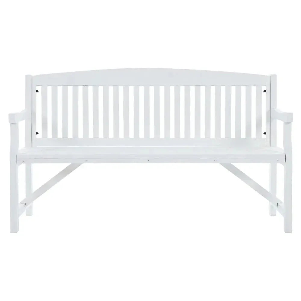 Front view of rustic wooden garden bench seating three, placed on outdoor deck