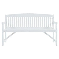 Front view of rustic wooden garden bench seating three, placed on outdoor deck