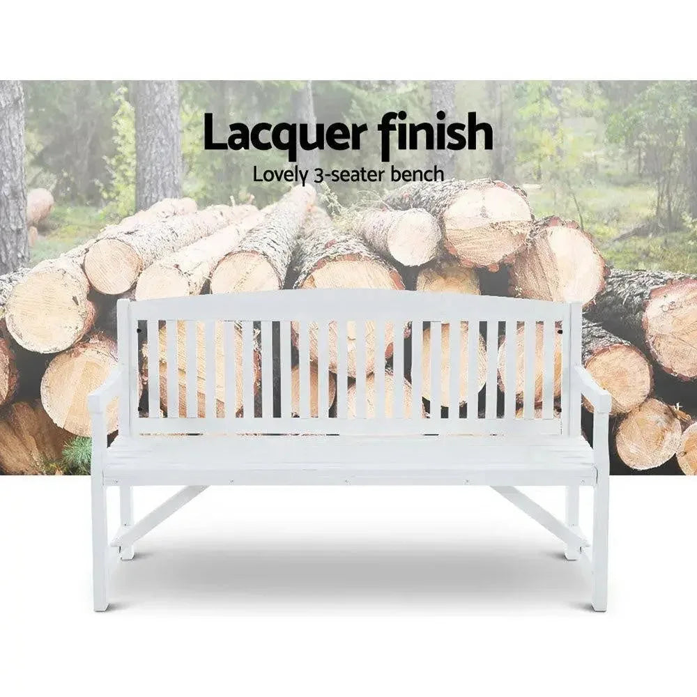 Outdoor setting with natural wooden three-seater bench on deck flooring