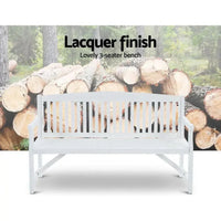 Outdoor setting with natural wooden three-seater bench on deck flooring