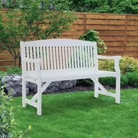 Rustic natural wood garden bench offering seating for three, shown on patio