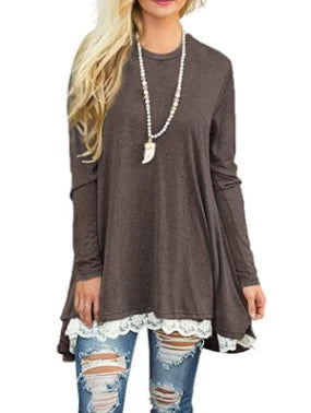 Lace Trim Round Neck Long Sleeve T-Shirt