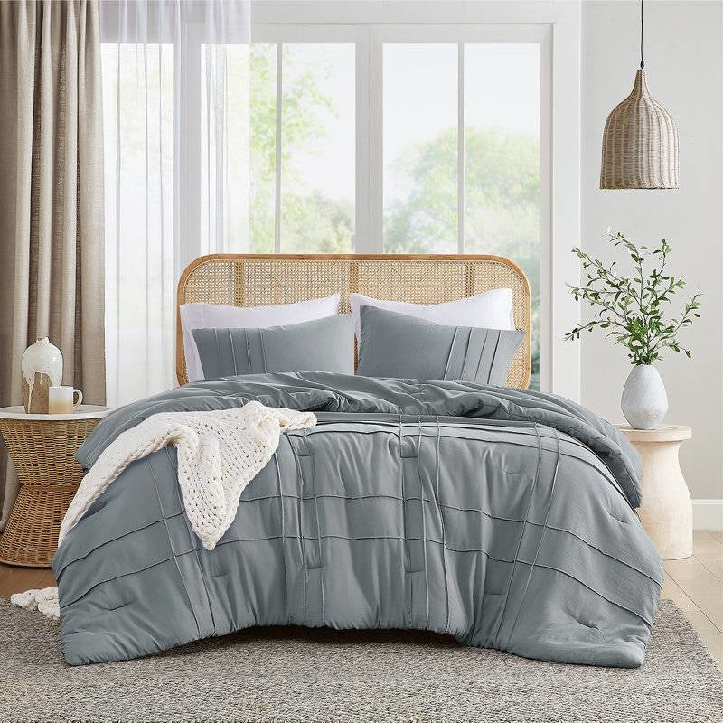 Twin/Twin XL Pleated Pre-Washed Microfiber Comforter Set in Blue Grey