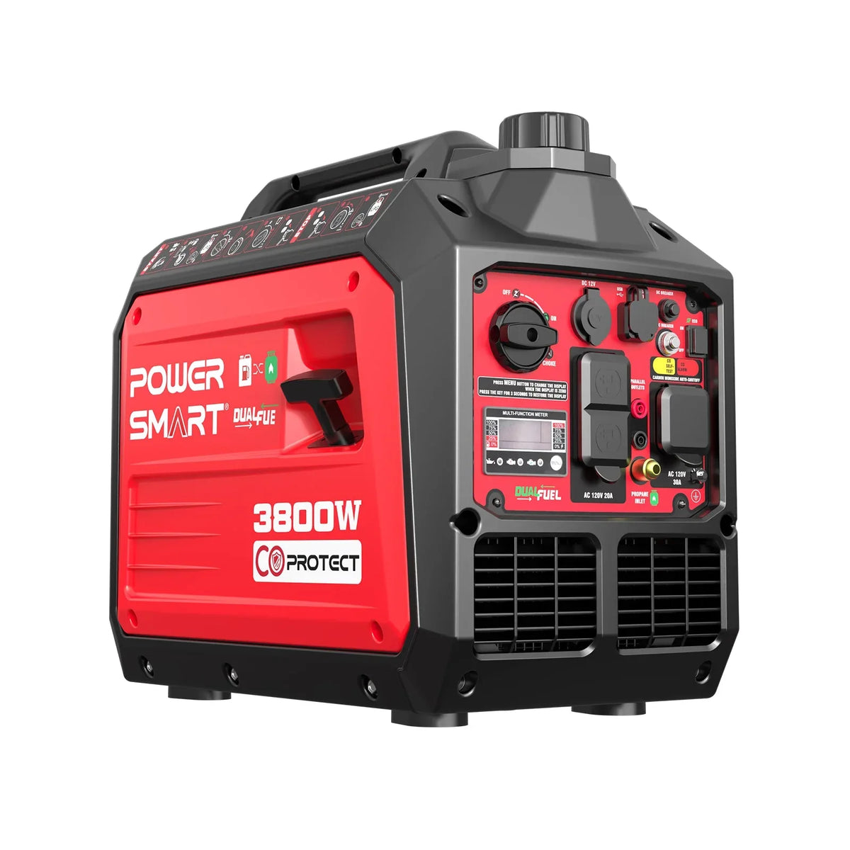 Front view of a compact dual fuel inverter generator with control panel and handle.