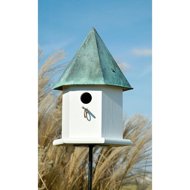 White Octagonal Bird House with Verdigris Copper Roof - Made in USA