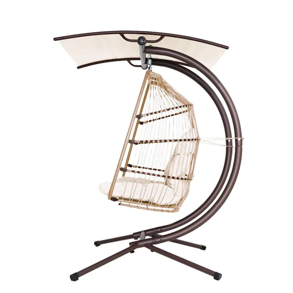 Side view of Gardeon double hanging pod chair hanging steadily on powder-coated steel stand.