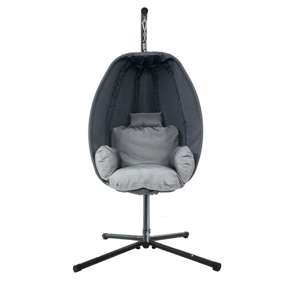 Close-up of grey hanging egg chair's woven polyester fabric and cushion.