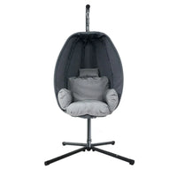 Close-up of grey hanging egg chair's woven polyester fabric and cushion.