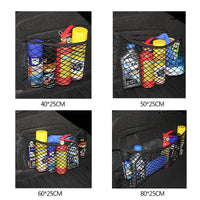 Black nylon mesh net stretched with elastic bands inside an automobile trunk organizer.