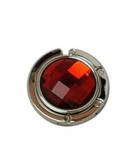 Red handbag hanger unfolded highlighting shiny rhinestone embellishment.