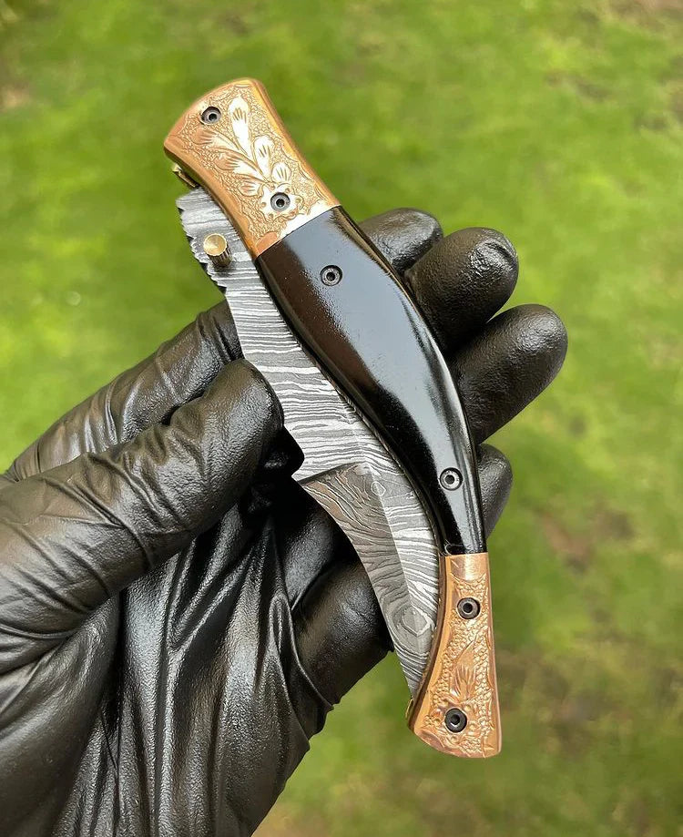 Custom Handmade Damascus Blade EDC Folding Pocket Knife with Color Bone Handle & Brass Engraved Bolster - Includes Leather Sheath