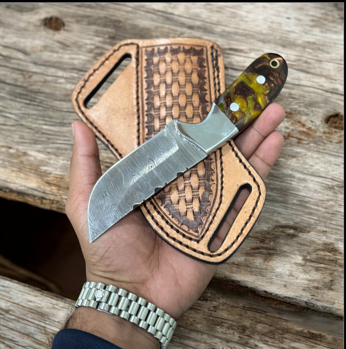 Handmade Cowboy Belt Knife – Rasp Steel Blade with Buffalo Horn Handle & Leather Sheath