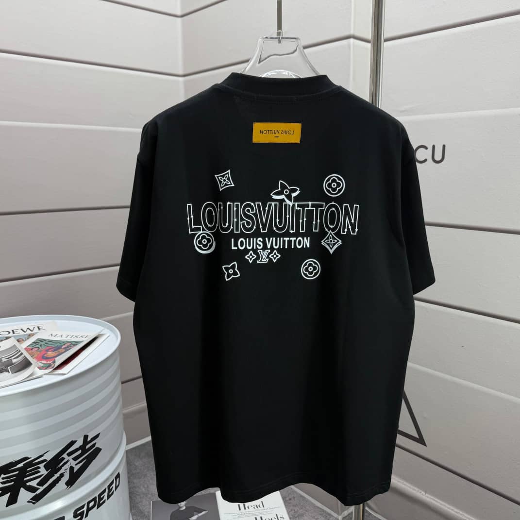 Louis Vuitton Black Monogram Logo Graphic T-Shirt – Luxury Designer Tee Made in Italy, Premium Cotton Crewneck w/ Bold White LV Print