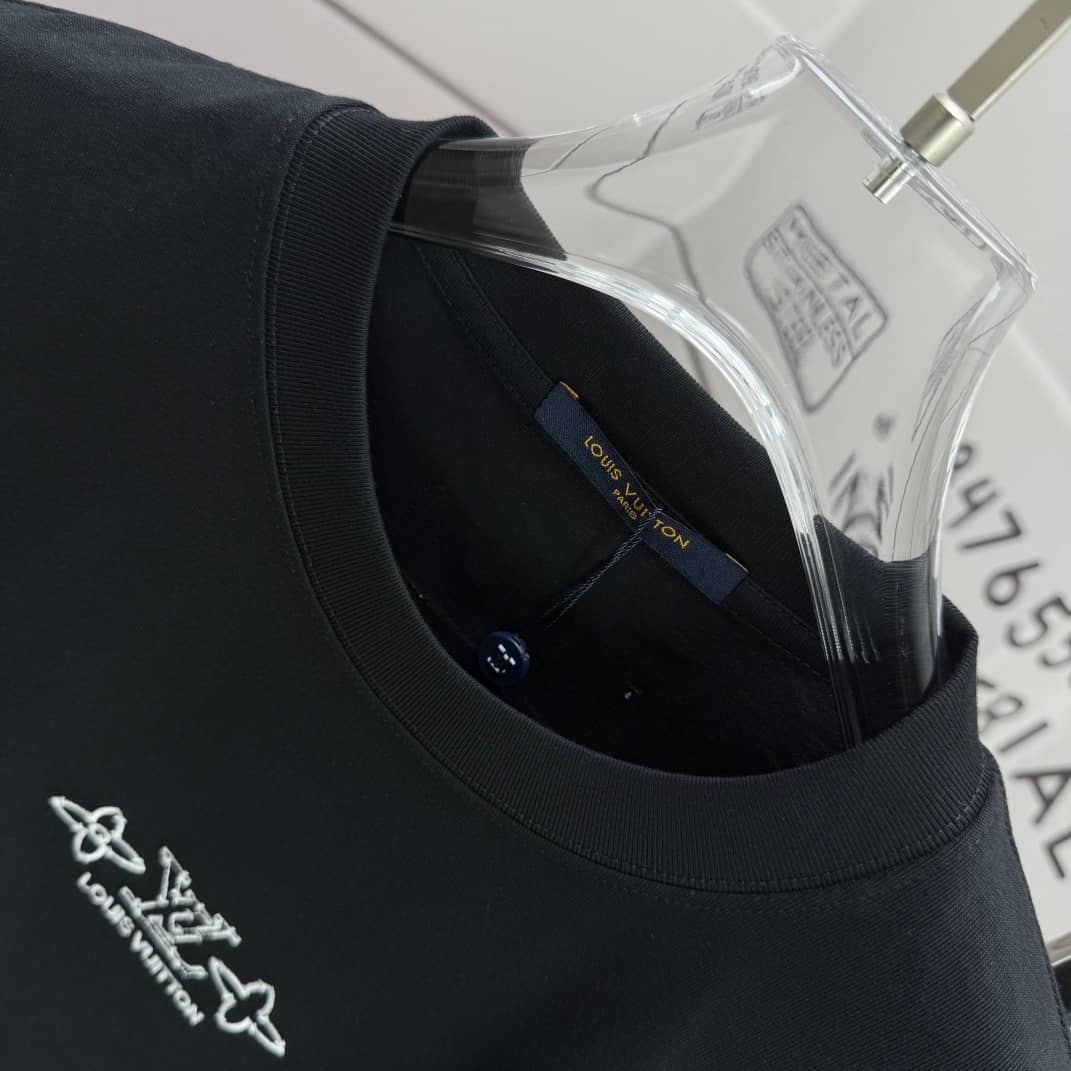 Louis Vuitton Black Monogram Logo Graphic T-Shirt – Luxury Designer Tee Made in Italy, Premium Cotton Crewneck w/ Bold White LV Print