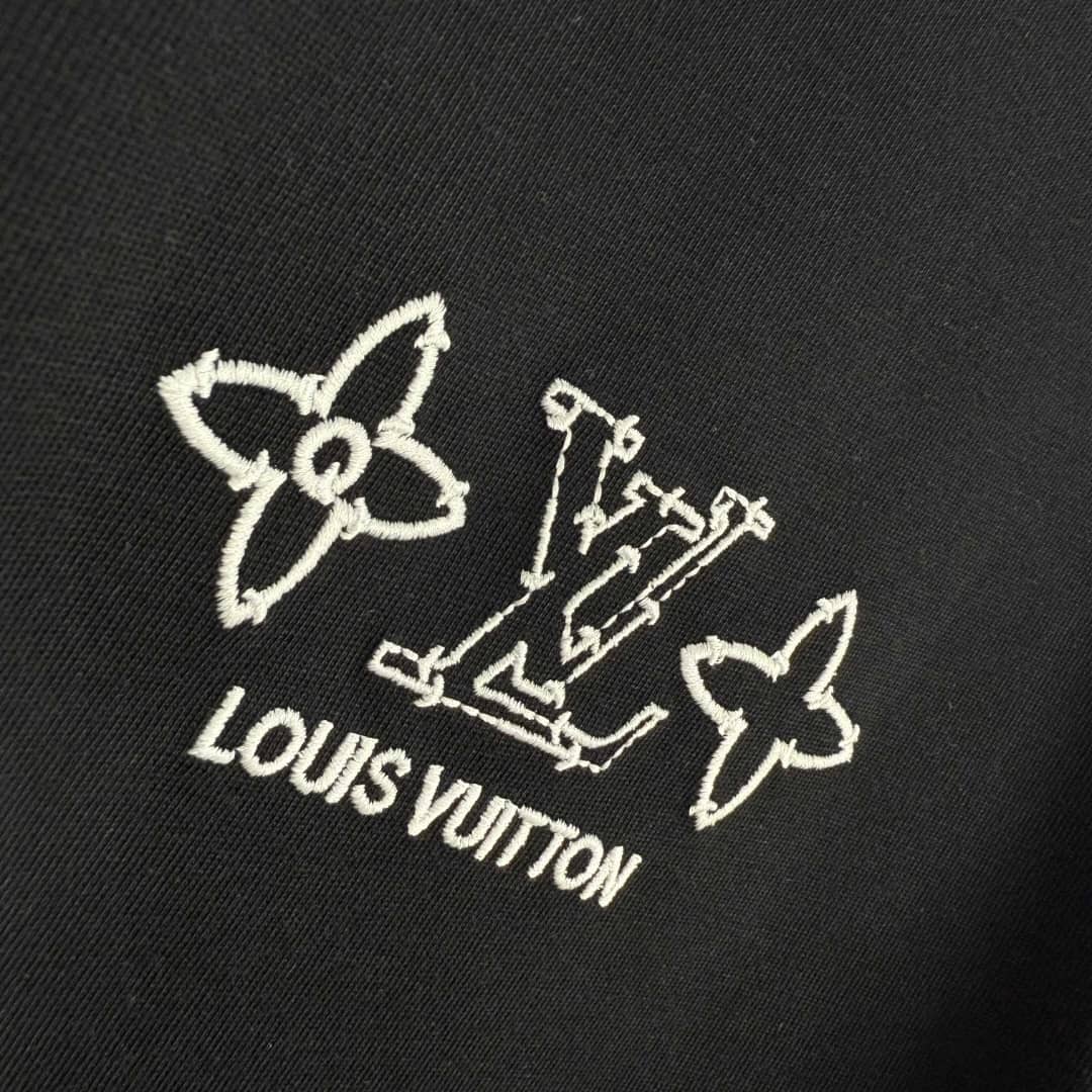 Louis Vuitton Black Monogram Logo Graphic T-Shirt – Luxury Designer Tee Made in Italy, Premium Cotton Crewneck w/ Bold White LV Print