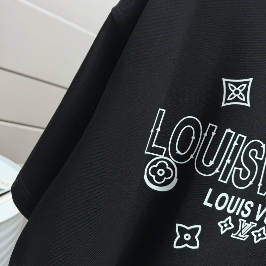 Louis Vuitton Black Monogram Logo Graphic T-Shirt – Luxury Designer Tee Made in Italy, Premium Cotton Crewneck w/ Bold White LV Print