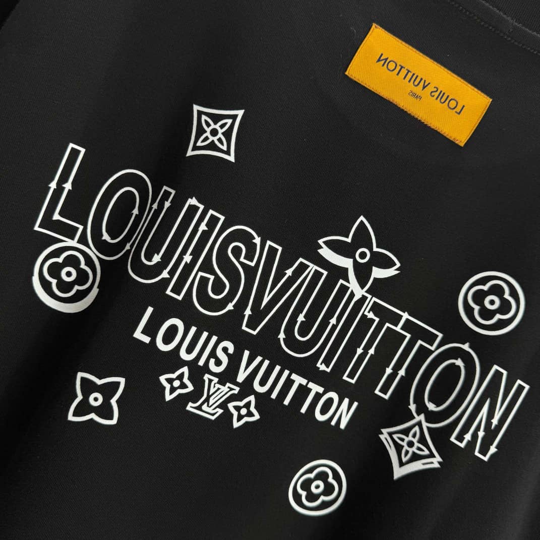 Louis Vuitton Black Monogram Logo Graphic T-Shirt – Luxury Designer Tee Made in Italy, Premium Cotton Crewneck w/ Bold White LV Print