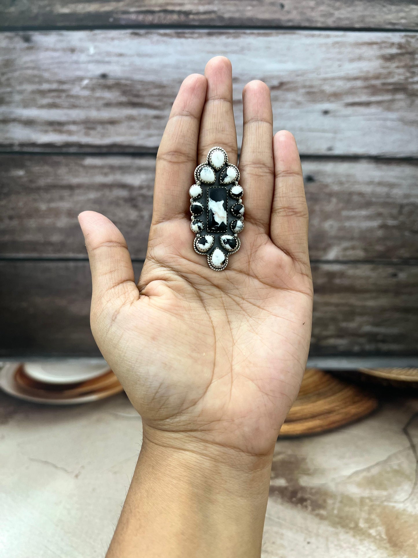 Handmade Sterling Silver White Buffalo Adjustable Rings with Signed Nizhoni (4)