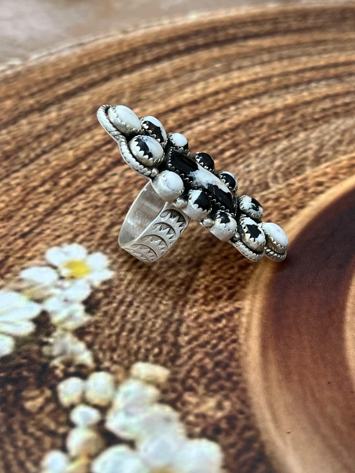 Handmade Sterling Silver White Buffalo Adjustable Rings with Signed Nizhoni (4)