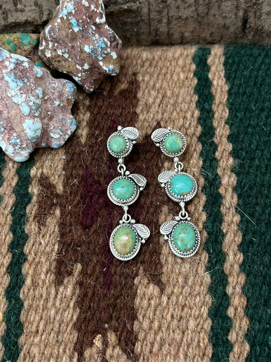 Handmade Sterling Silver Old Stock Royston Turquoise Post Dangle Earrings with Signed Nizhoni