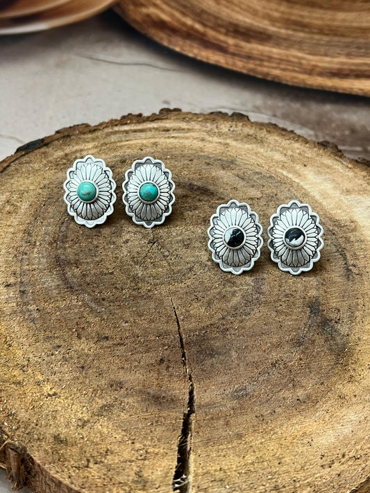 Handmade Sterling Silver Kingman Turquoise, White Buffalo Post Stud Earrings with Signed Nizhoni